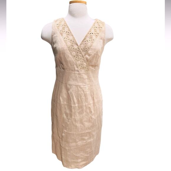 Talbots Sand V Neck Sleeveless Embroidered Trim Dress Size 8 NWT - Picture 1 of 5